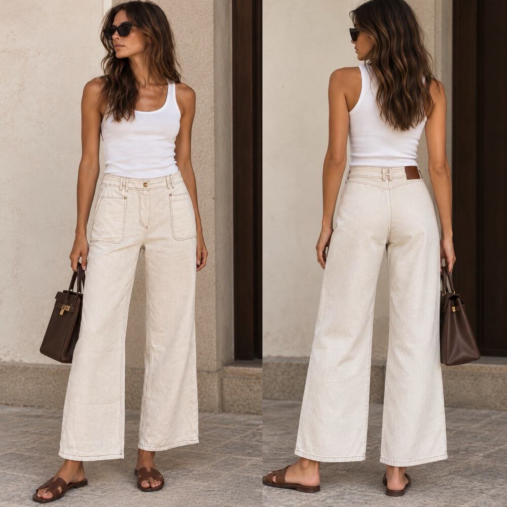 Vintage Hermes Ecru Cream Linen Wide Leg Cropped Jeans Pants 42 H Belt Loop